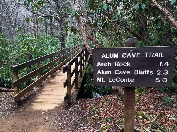 Fun things to do in Asheville NC : Sign for Mt LeConte and Alum Cave in Smoky Mtns Park, TN. 